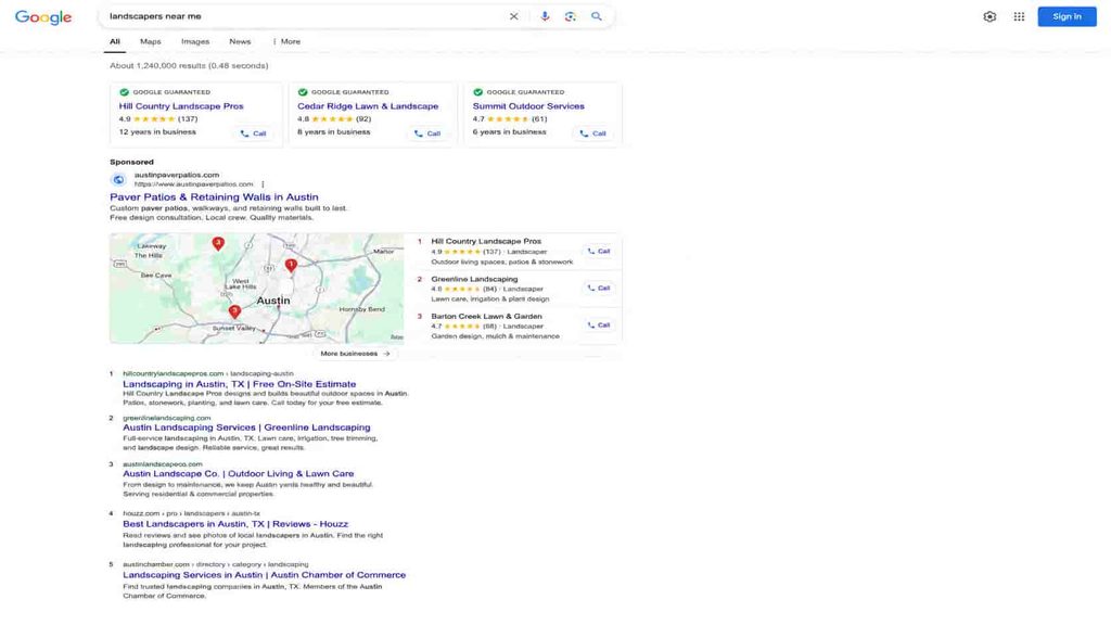 A Google search results page for "landscapers near me" showing the full stack