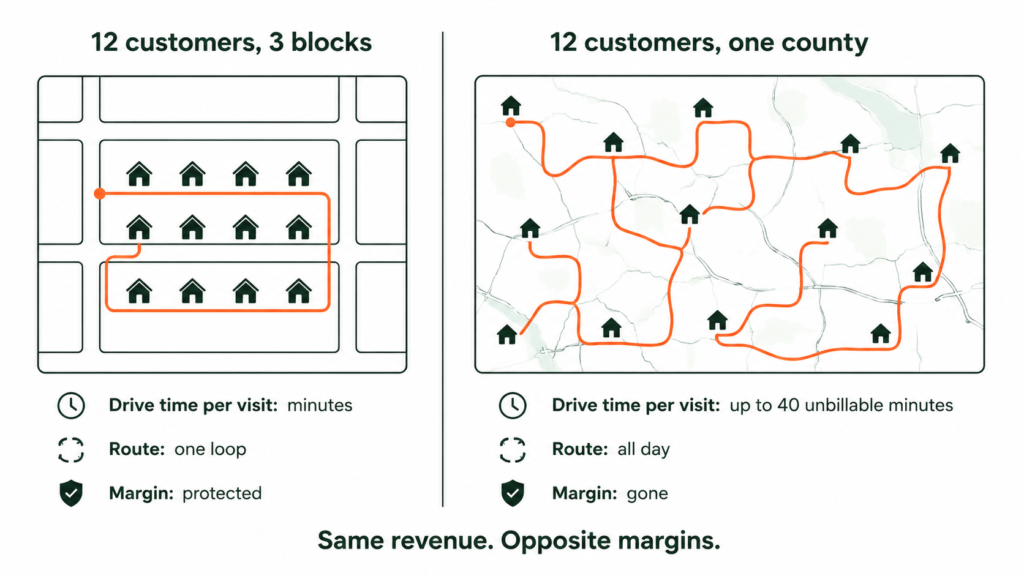 A simple two-panel diagram comparing 12 customers clustered on three blocks against 12 customers scattered across a county. Same revenue, opposite margins