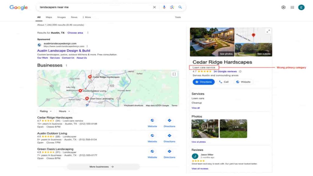 A Google Business Profile panel for a hardscape company that has been categorized wrong