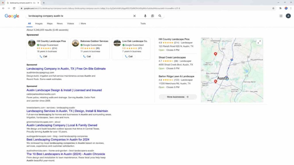 A desktop Google search results page for a landscaping query, showing the full paid stack in order