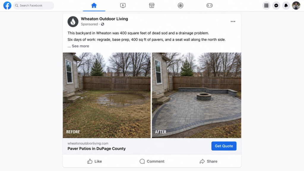 Facebook sponsored post showing a before-and-after backyard transformation from a flooded lawn to a gray paver patio with a seat wall and fire pit.