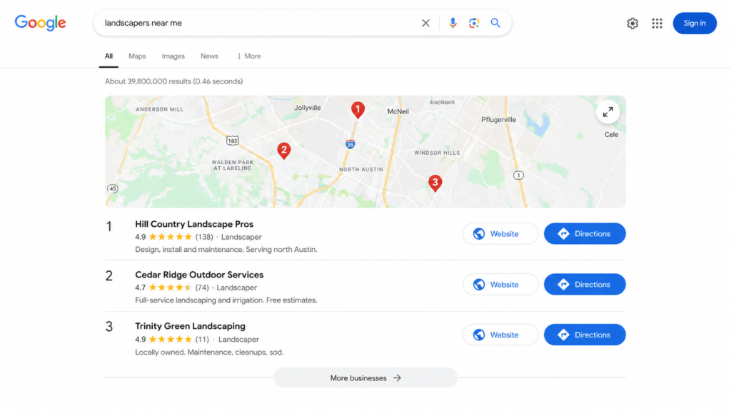 Google local map pack showing three landscaping businesses and their ratings and review counts.