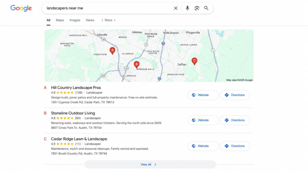 Google local results showing landscapers with ratings and review counts.