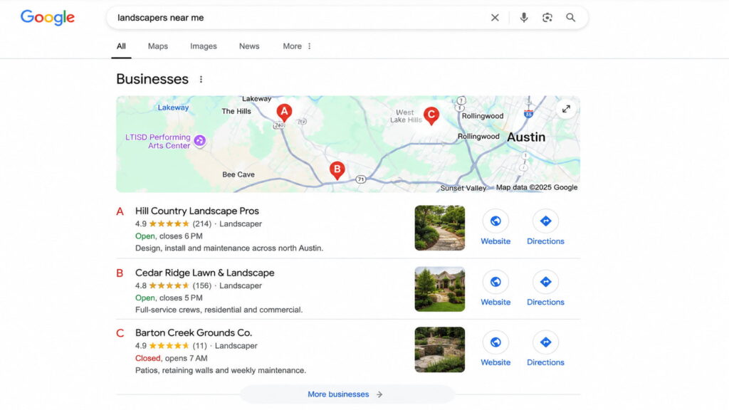 Google local results showing three landscaping businesses with similar ratings and different review counts.