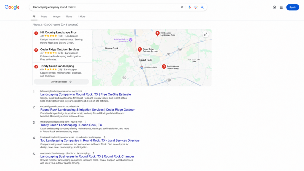 Google search results for a landscaping company in Round Rock, TX, showing a local map pack and organic listings.