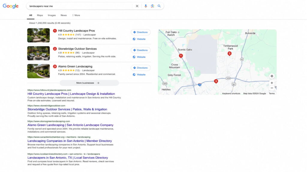 Google search results for “landscapers near me,” featuring a three-business local map pack and organic listings.