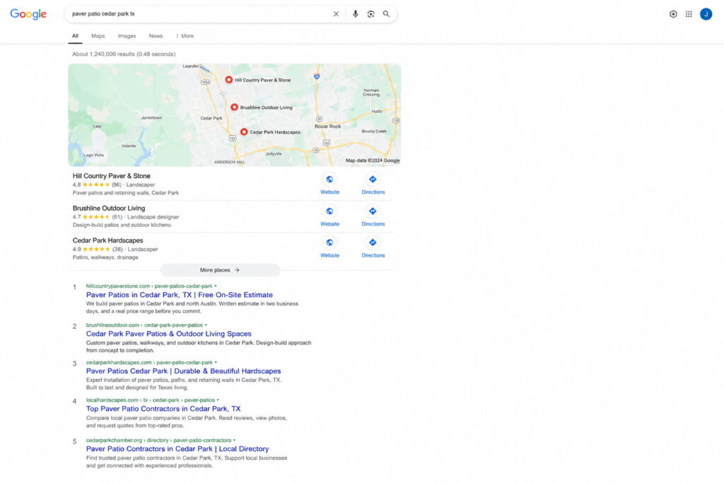 Google search results for “paver patio cedar park tx” showing a local map pack and organic results for Cedar Park paver patio services.