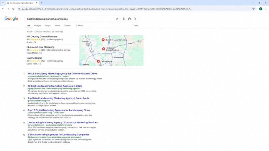 Google search results page for “best landscaping marketing companies” showing a local map pack and organic agency listings.