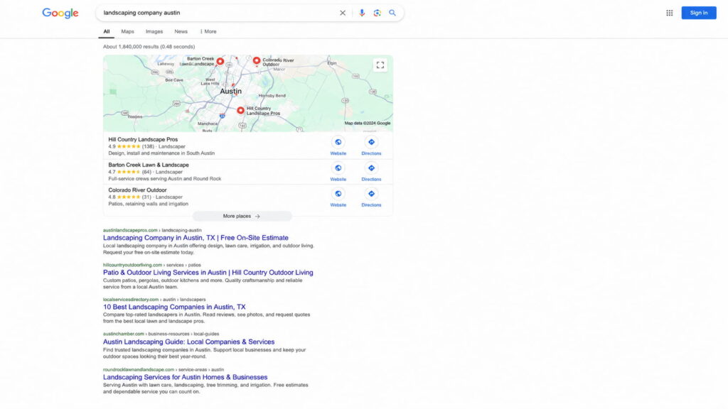 Google search results page for “landscaping company Austin” showing a local map pack and organic landscaping results.