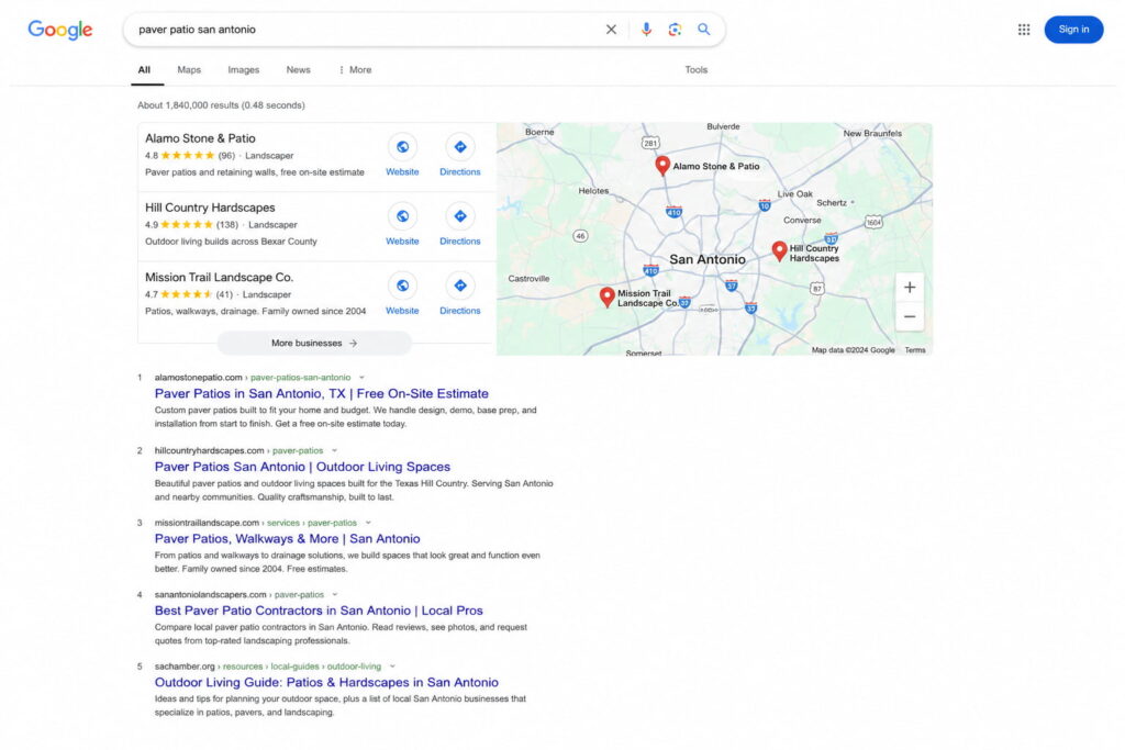 Google search results page for “paver patio San Antonio” featuring local businesses, a map, and organic listings.