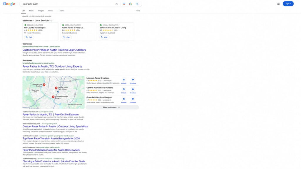 Google search results page for “paver patio austin” showing Local Services Ads, sponsored listings, a local map pack, and organic results.