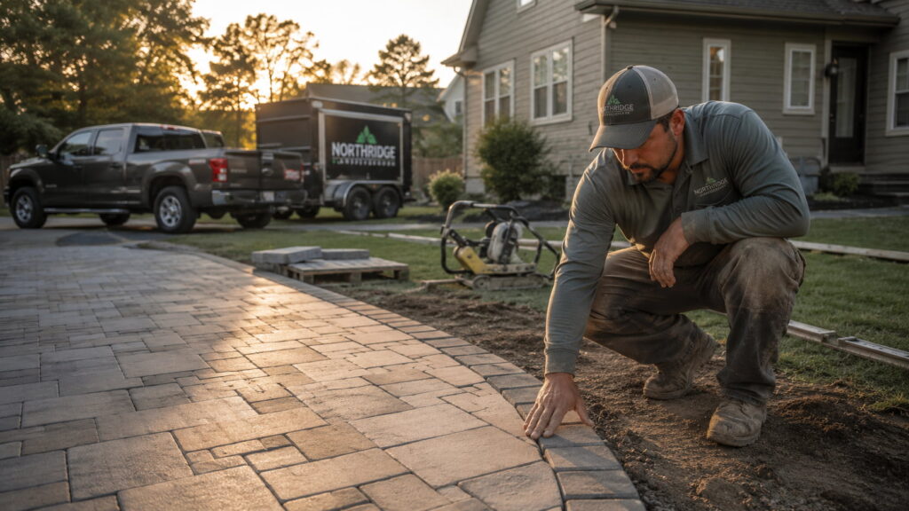 Landscaper checking the edge of a newly finished paver patio.