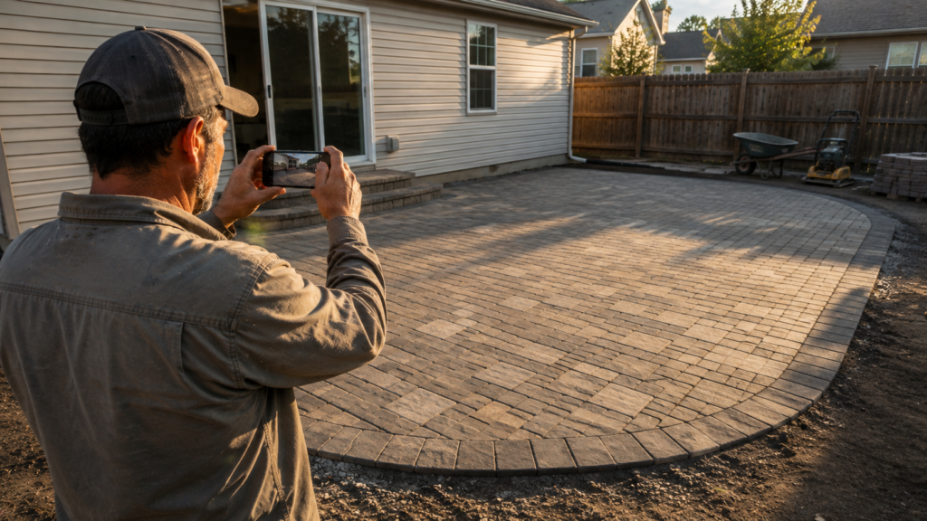 Landscaper photographing a newly finished paver patio.