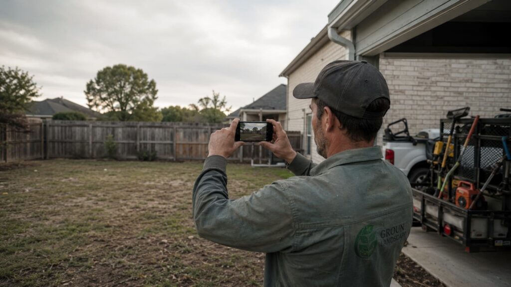 Landscaper photographing an unfinished suburban backyard.