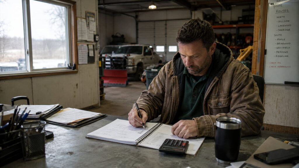 Landscaping business owner reviewing notes and calculations in an equipment shop.
