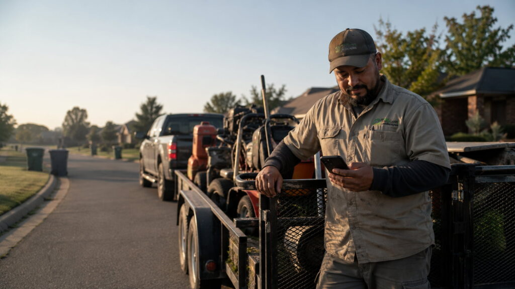 Landscaping crew leader checking his phone beside a loaded equipment trailer early in the morning.