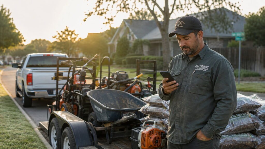Landscaping crew leader checking his phone beside a loaded equipment trailer.