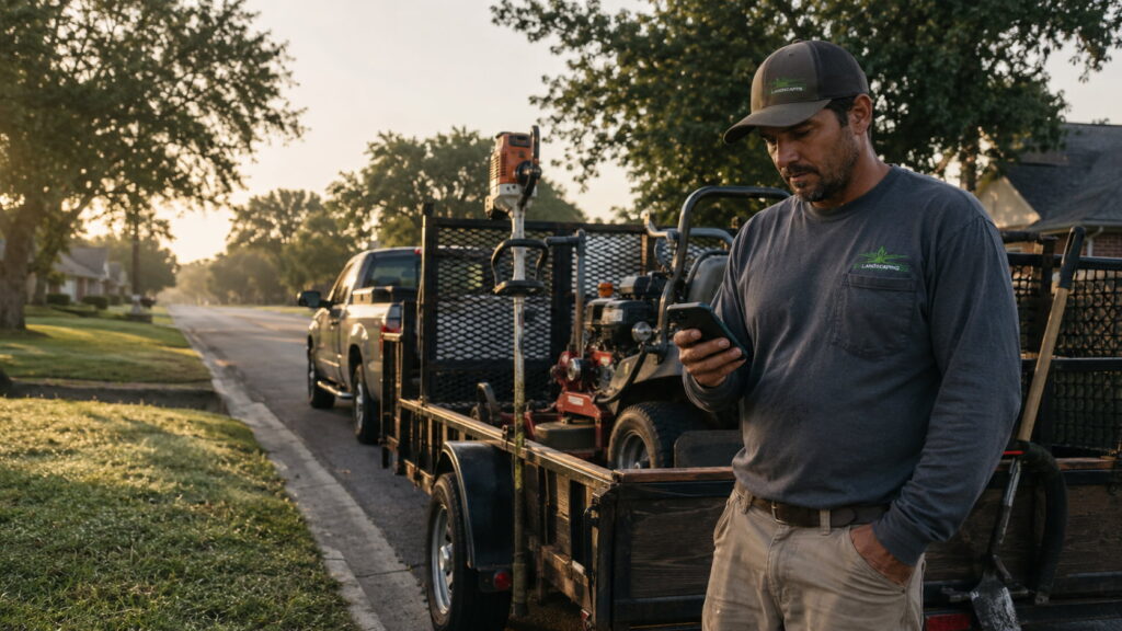 Landscaping crew leader checking his phone beside a loaded equipment trailer at sunrise.