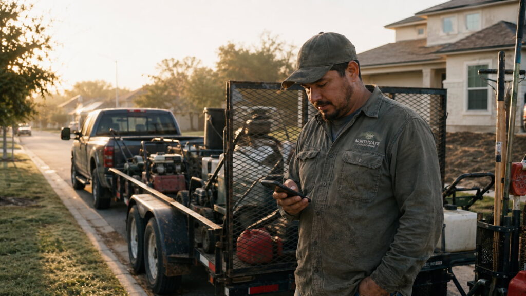 Landscaping crew leader checking his phone beside a loaded equipment trailer on a suburban street at sunrise.