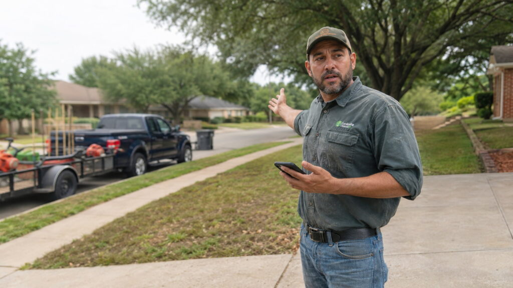 Landscaping crew leader explaining a job in a suburban driveway.