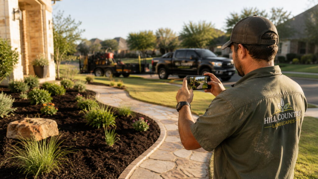 Landscaping crew leader photographing a finished residential walkway and garden bed.