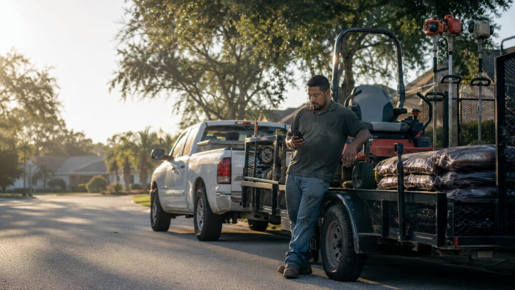 Landscaping worker checking his phone beside a loaded trailer on a quiet suburban street at sunrise.