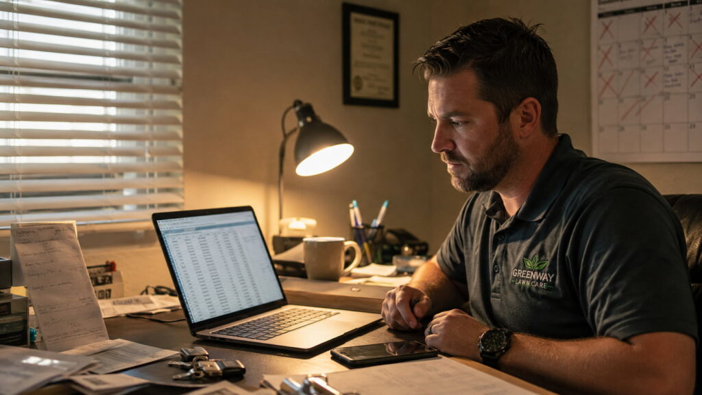 Lawn care business owner reviewing a spreadsheet at a cluttered home-office desk after work, lit by a warm desk lamp.