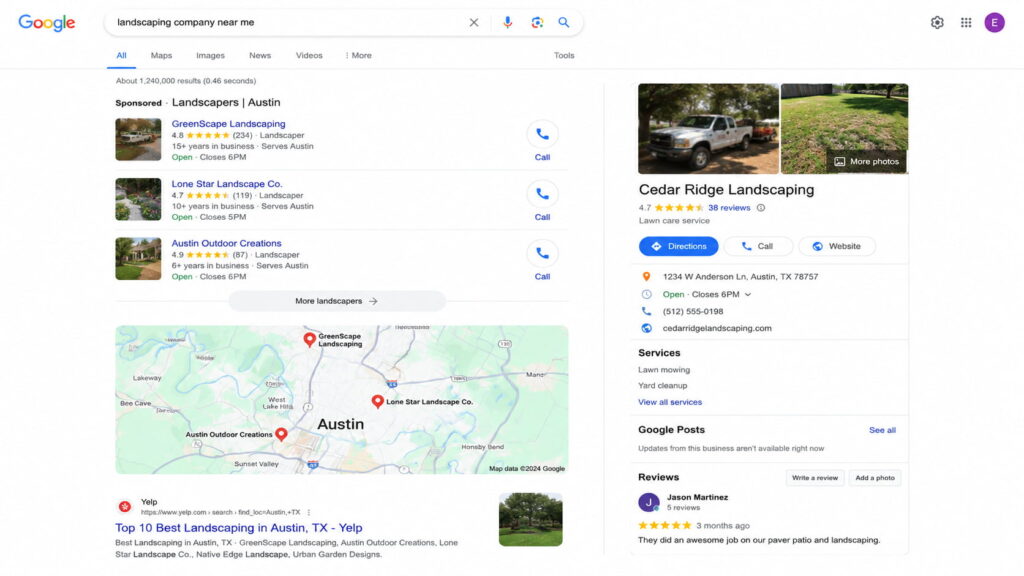Misconfigured Google Business Profile for Cedar Ridge Landscaping with incomplete services, photos, and posts.