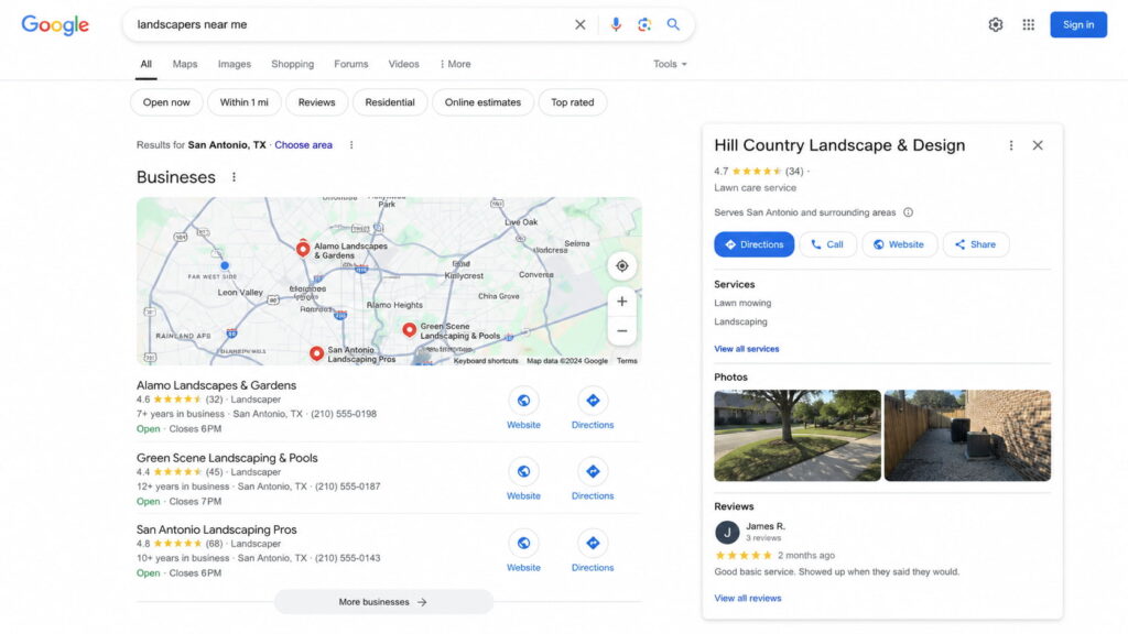 Misconfigured Google Business Profile for a landscaping company.
