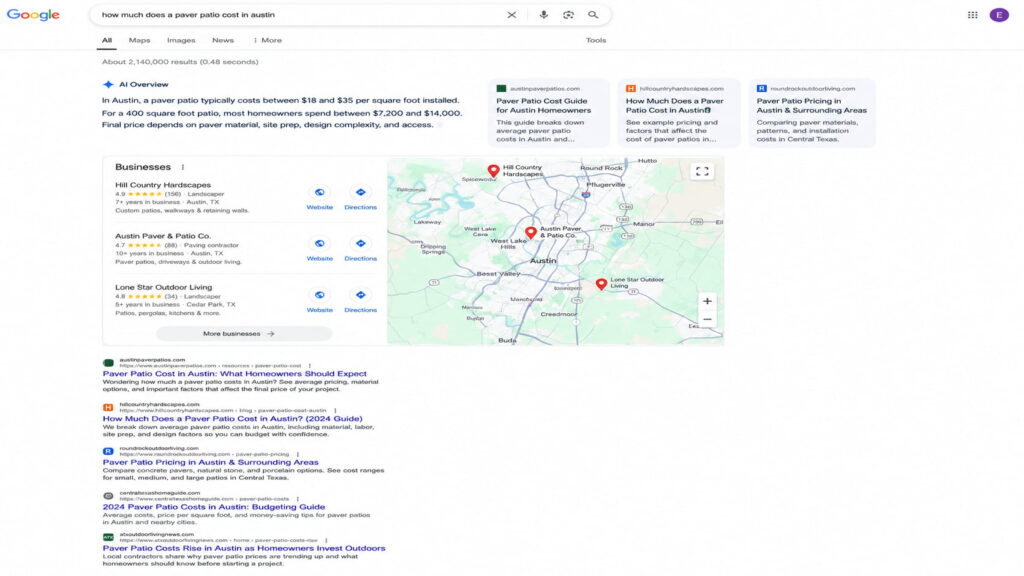 Photorealistic Google search results for “how much does a paver patio cost in austin,” showing an AI Overview, local map pack, and organic results pushed down the page.