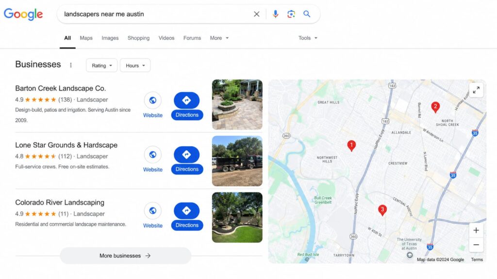 Google local map pack showing three Austin landscapers with ratings and review counts.