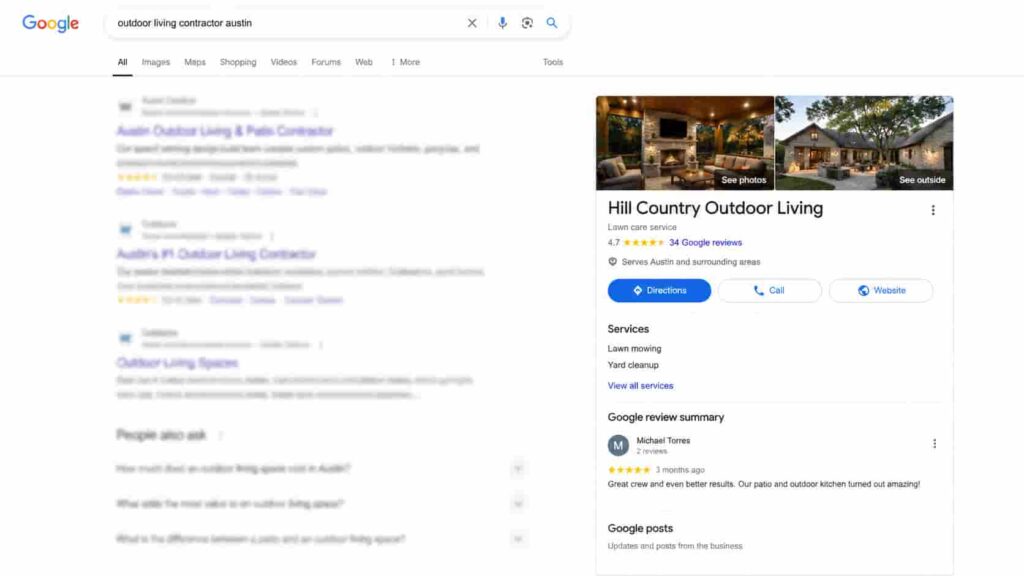 A Google Business Profile panel for a landscaping company with the wrong primary category set, a thin services list and almost no photos. Shows the reader what a misconfigured profile looks like next to what he probably has