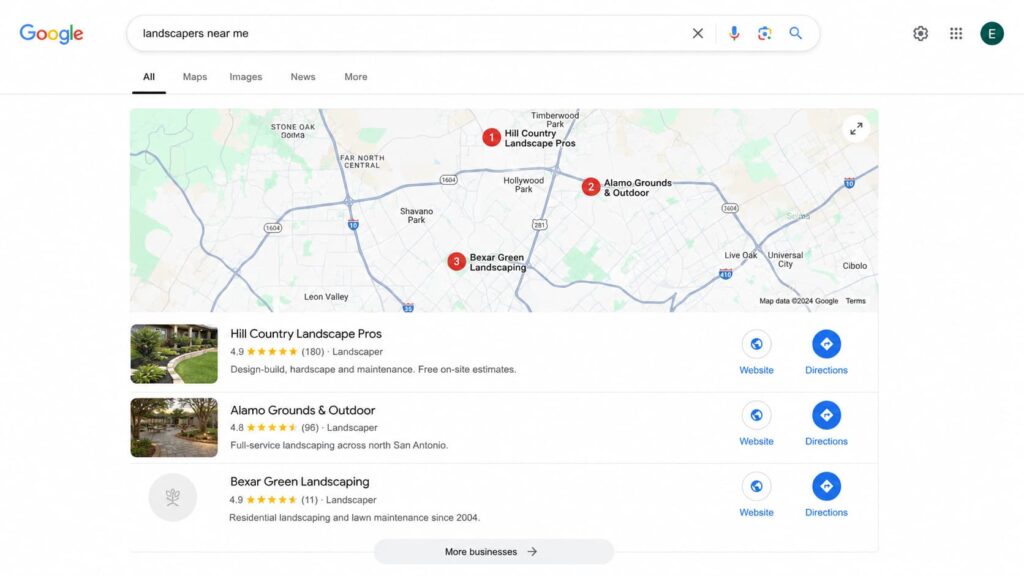 Google local results for “landscapers near me” with three listings and review counts.