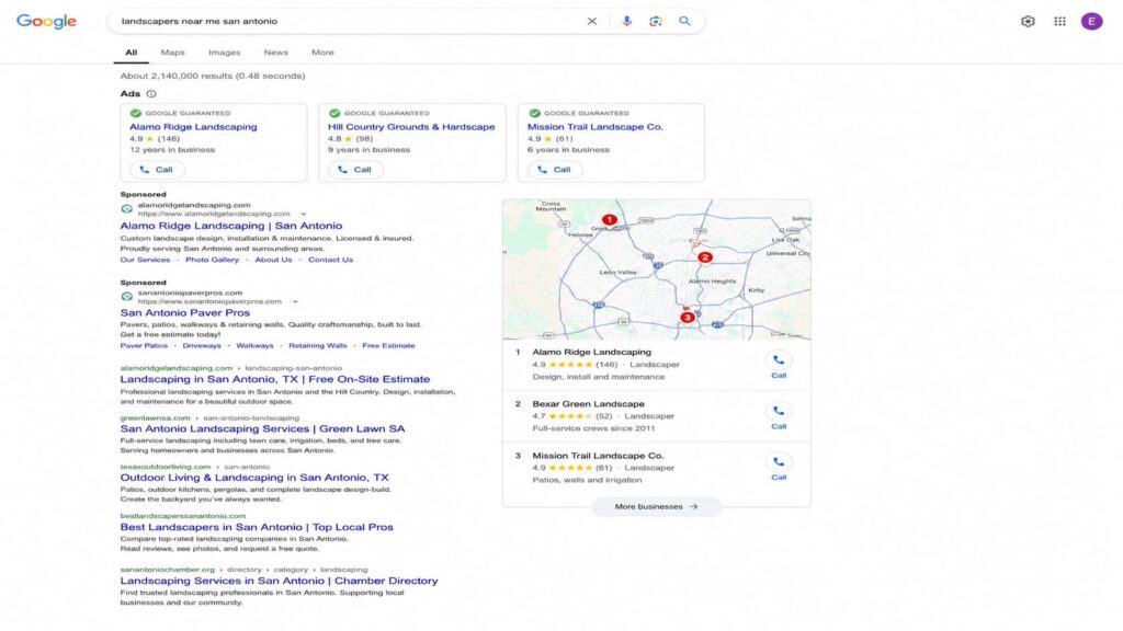 Google search results for landscapers near me in San Antonio.