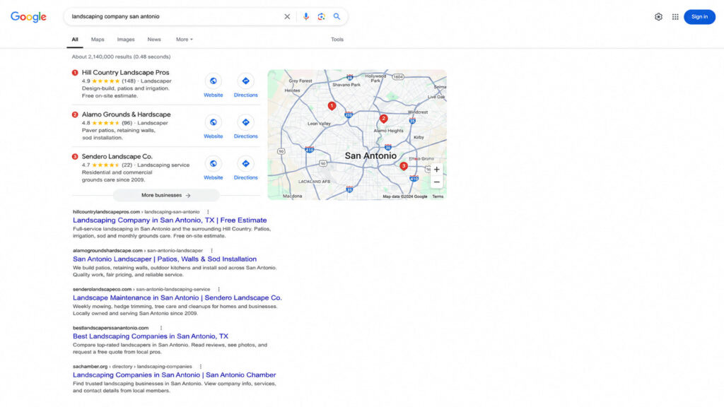 Google search results for landscaping company San Antonio showing a local Map Pack and organic landscaping company listings