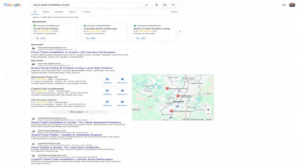 Google SERP for paver patio installation in Austin