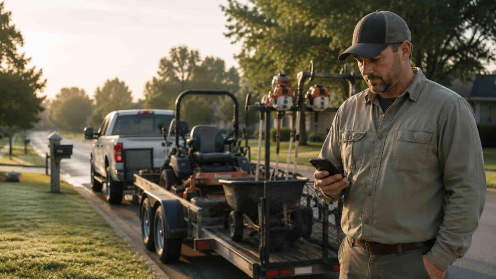 A crew leader in a work shirt checking his phone next to a loaded trailer early in the morning