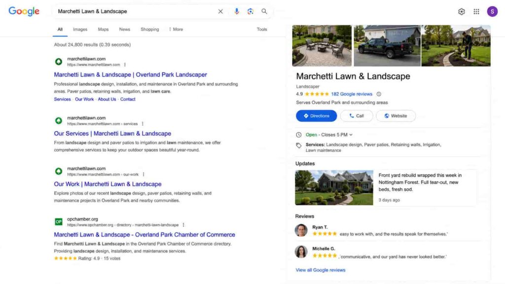 A Google Business Profile panel for a landscaping company, showing the primary category, star rating and review
