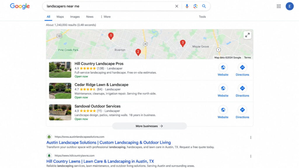 Google search results for “landscapers near me” showing a local map pack with three landscapers and varying review counts.