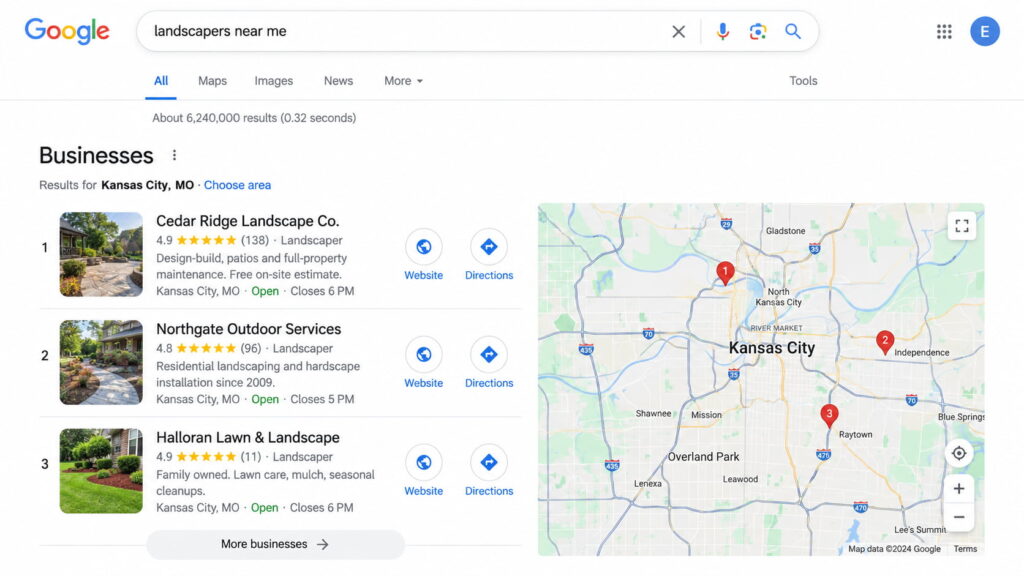 Google search results showing a Kansas City local map pack with three landscaping businesses, highlighting ratings and review counts beside each listing.