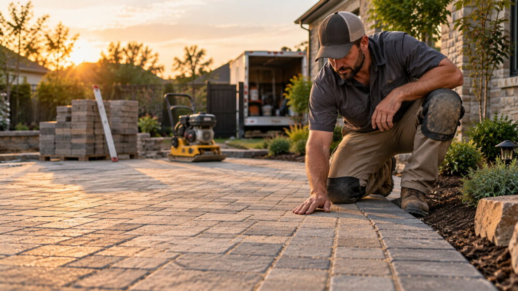 Hardscape crew leader inspecting the edge of a newly finished paver patio at golden hour.