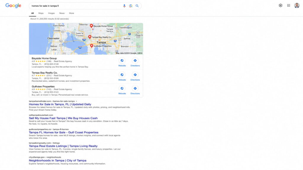 A geo query surfaces the Map Pack and local sites, not the national portals. That's the opening.