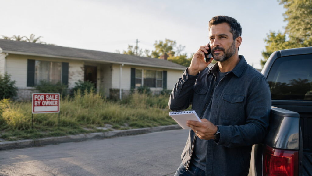 Real estate investor standing beside a pickup truck on a quiet suburban street, talking on a cell phone and holding a notepad. A modest single-story house with an overgrown lawn and a "For Sale By Owner" sign is visible in the background. Warm morning sunlight and ample copy space on the left create a professional real estate marketing image.