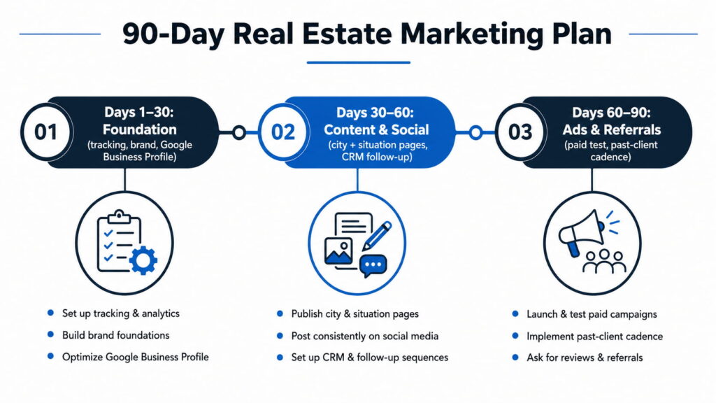 Professional vector infographic titled “90-Day Real Estate Marketing Plan” displaying a horizontal three-phase timeline. The first phase, Days 1–30: Foundation, highlights tracking and analytics setup, brand development, and Google Business Profile optimization. The second phase, Days 30–60: Content & Social, focuses on publishing city and situation pages, consistent social media posting, and CRM follow-up sequences. The third phase, Days 60–90: Ads & Referrals, covers paid advertising tests, past-client outreach, and referral generation. Each phase is represented by a rounded timeline segment with a corresponding icon, connected in sequence using a clean navy and blue design on a white background.