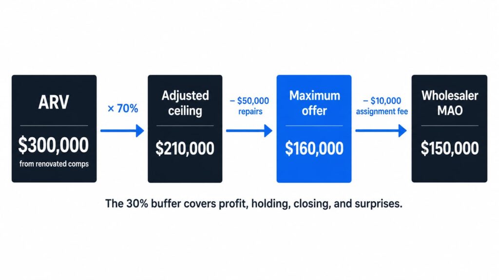 Cash buyer offer formula diagram showing ARV of $300,000 reduced by a 70% rule, $50,000 in repairs, and a $10,000 assignment fee to reach a wholesaler maximum offer of $150,000.