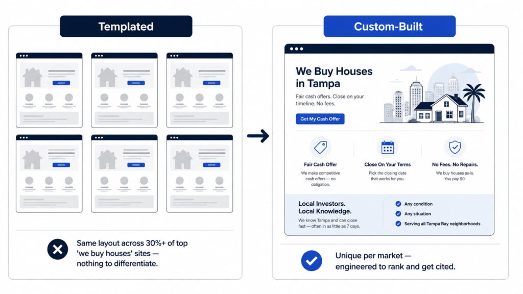 Comparison diagram showing templated investor websites versus a custom-built website designed for SEO and local market visibility.