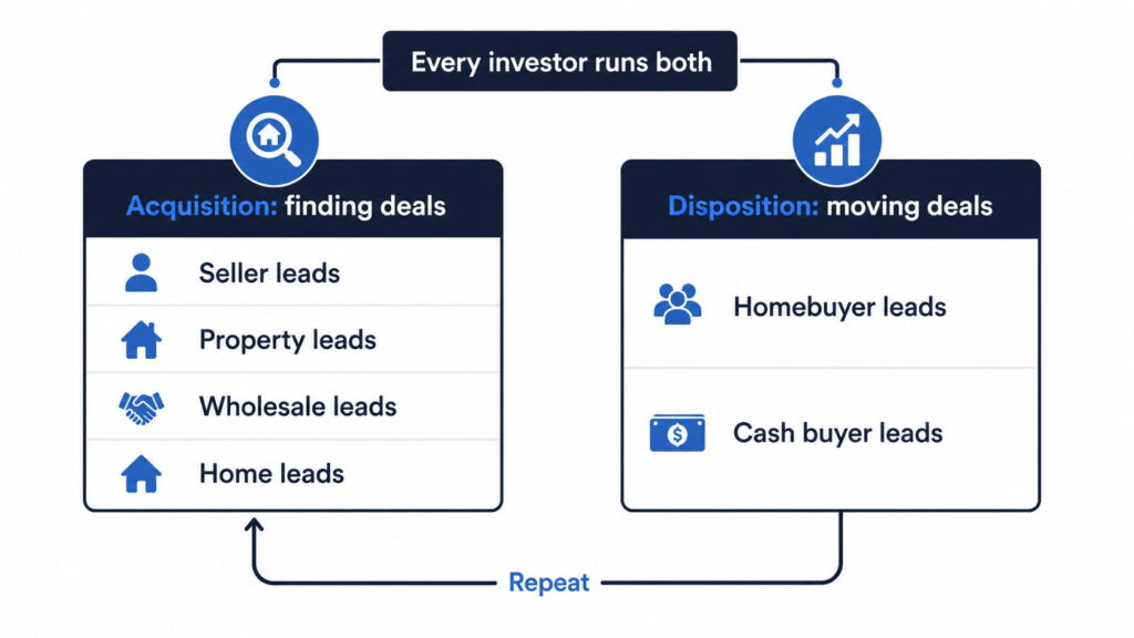 Diagram showing acquisition and disposition lead generation stages for real estate investors in a continuous cycle.