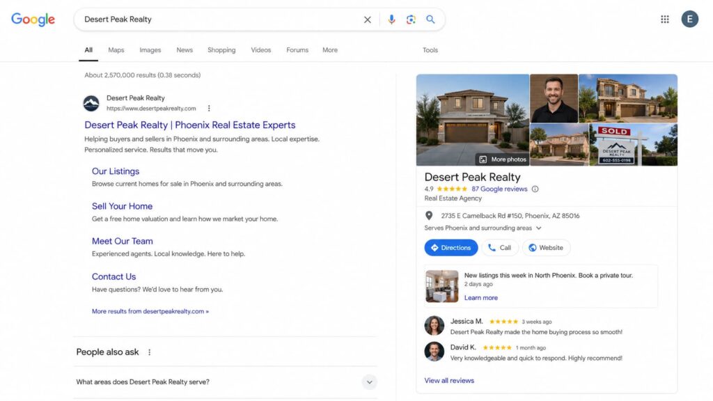 Google Business Profile for a real estate agency showing a 4.9-star rating, recent photos, customer reviews, and options to call, visit the website, or get directions.
