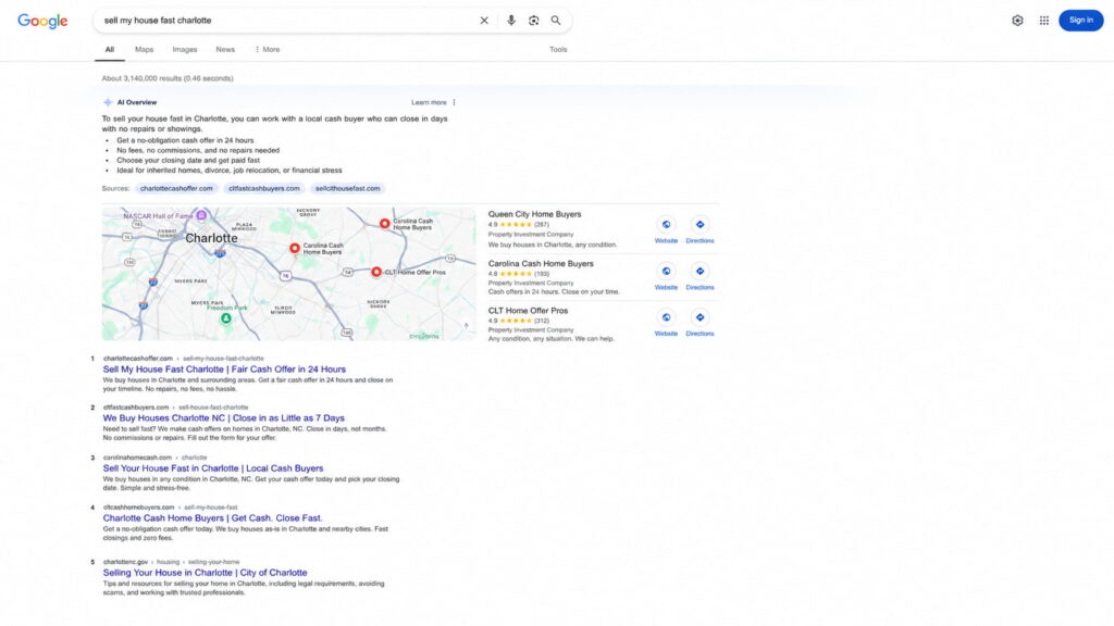 Google search results for sell my house fast Charlotte with AI Overview, local map, and organic listings