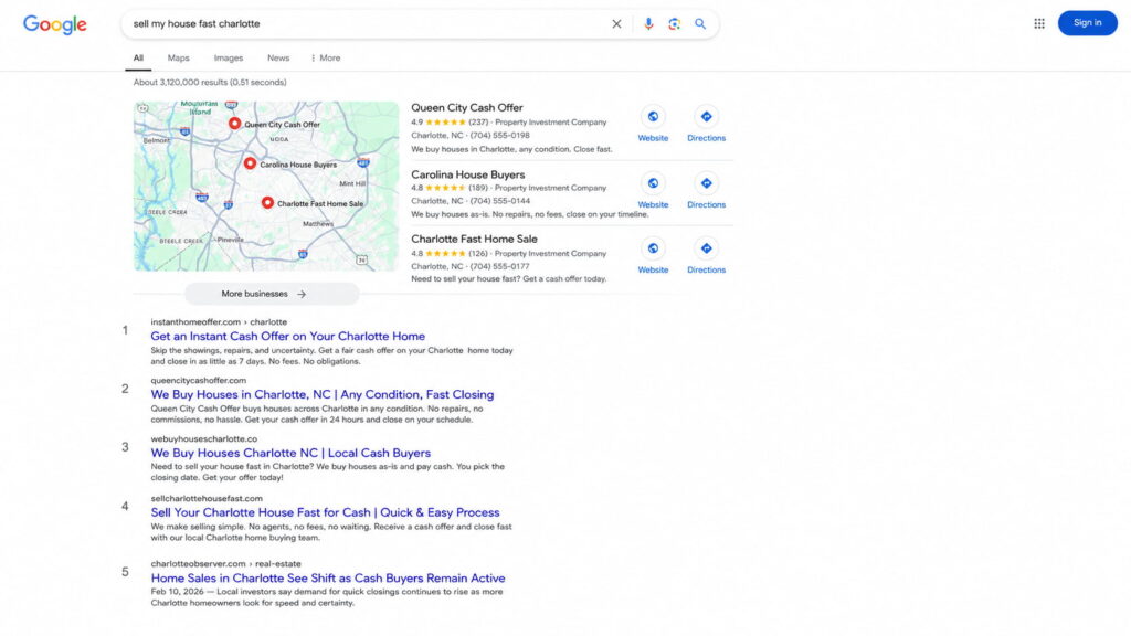 Google search results for “sell my house fast Charlotte” with local cash buyers.